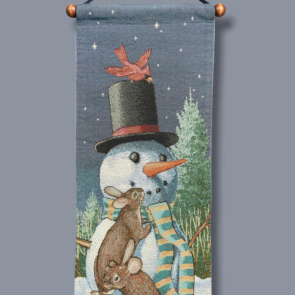 Snowman Rabbits Christmas Woven Tapestry Wall Hanging Banner Julianna James 38"